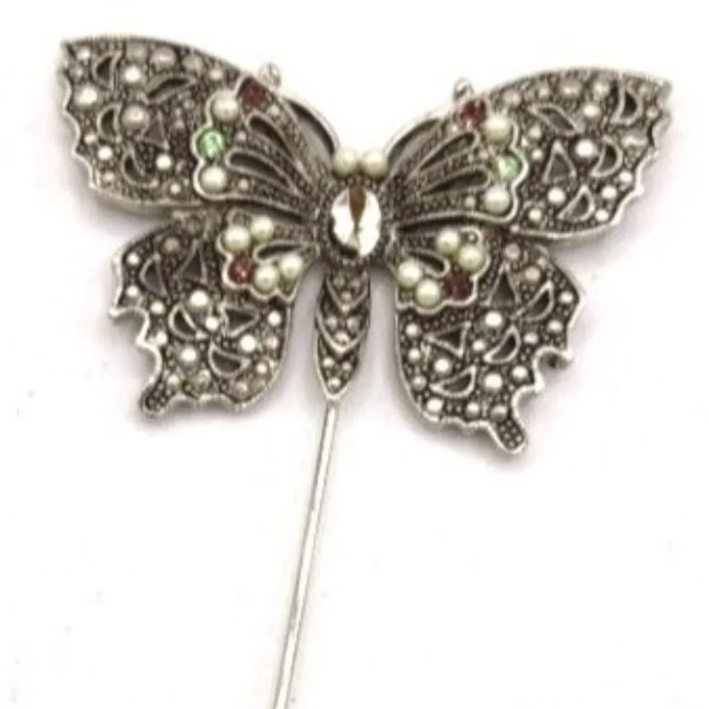 Vintage Butterfly Stick Pin, Seed Pearls, Marcasite - Picture 3 of 4
